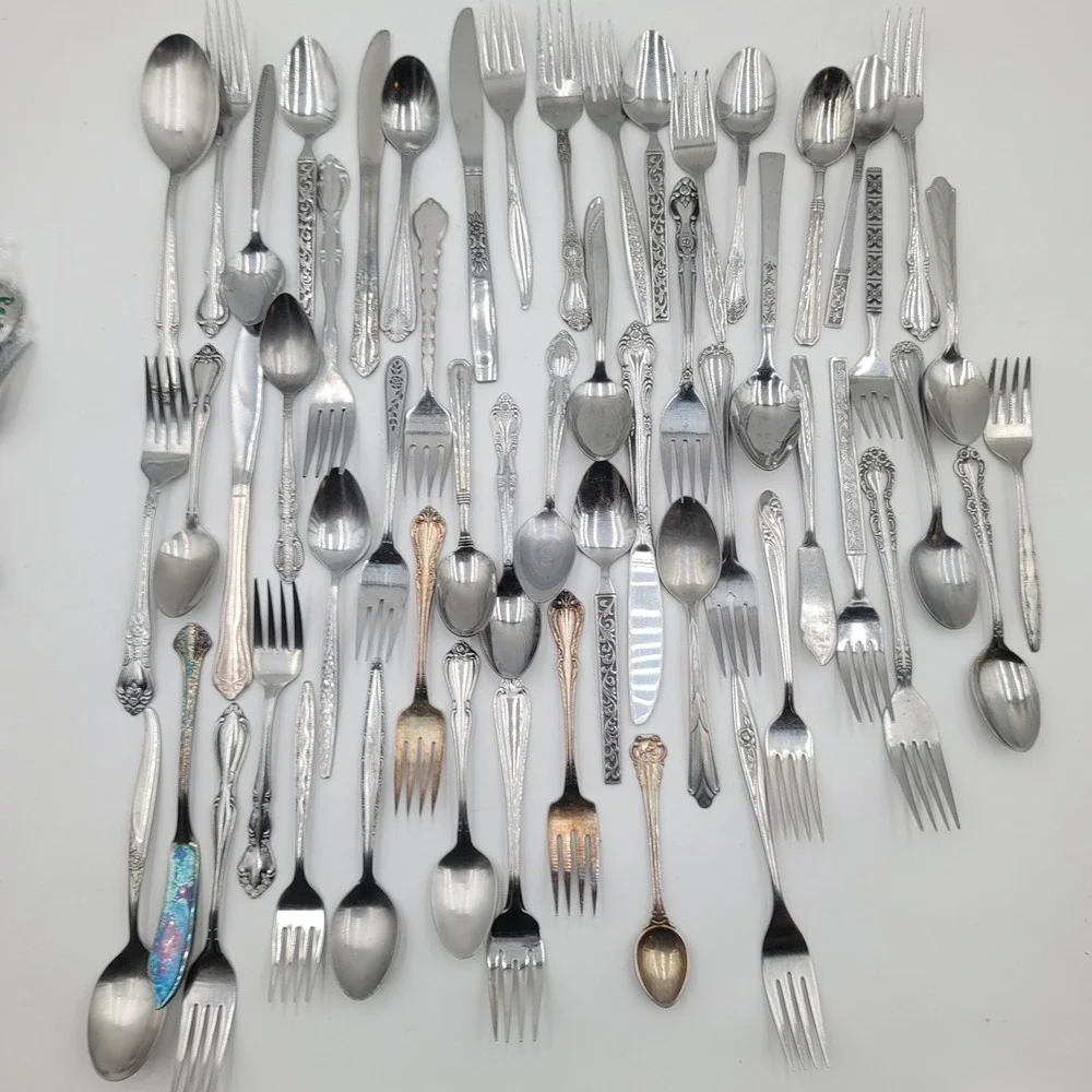 55pc Mixed Flatware Lot  Floral Arts Crafts Stainless Silverplate Mismatched